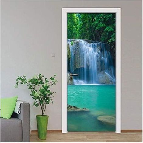 Sticker de porte effet 3D – Papier peint paysage de cascade et forêt verte – Convient pour chambre, salon, cuisine, etc. – 77 x 200 cm (1/4)