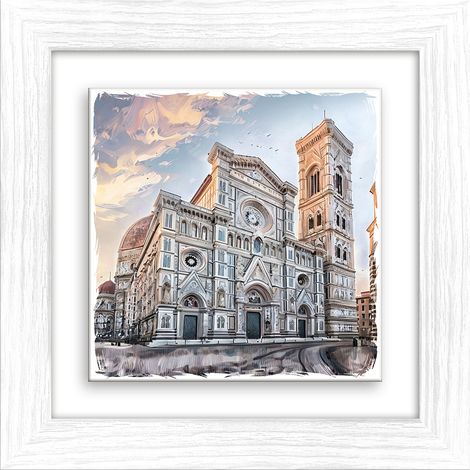 Lupia - Quadro moderno con paesaggi e localismi italiani, Ceramica e Stampa Rilievo, Cornice Legno Shabby Modern bianca, Decorazione Parete, Quadretti Soggiorno, 29x29 cm, FIRENZE DUOMO (1/4)