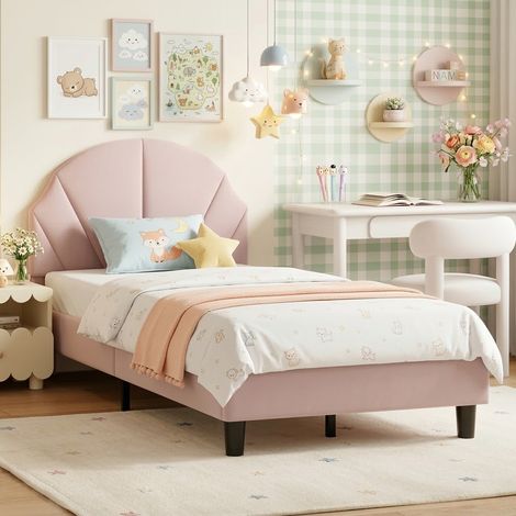 Einzelbett 90x200 cm, Polsterbettgestell mit höhenverstellbarem Muschel-Kopfteil, Samtstoff und Lattenrost, Kinderbett 90x200 cm - Rosa