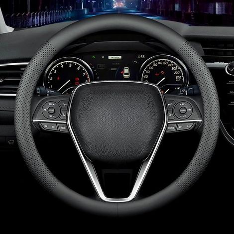 Funda para volante de coche, a la moda, de piel de napa antideslizante, 15 pulgadas (aprox. 38 cm), universal (negra) (1/5)