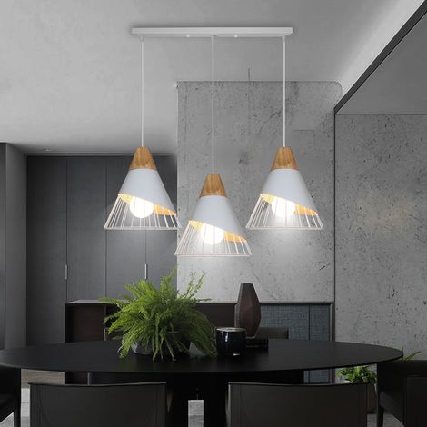 Axhup – Suspension luminaire industrielle 3 lumières – Abat-jour en fer et bois – Douille E27 – Longueur 50 cm – Pour espaces modernes et rétro (1/5)