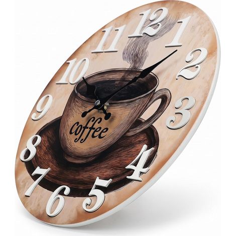 Horloge murale de cuisine, vintage, motif café, 30 cm, silencieuse, sans bruit de tic-tac, horloge murale rétro en bois MDF, horloge à quartz avec design café pour cuisine, café, bar, restaurant et (1/5)