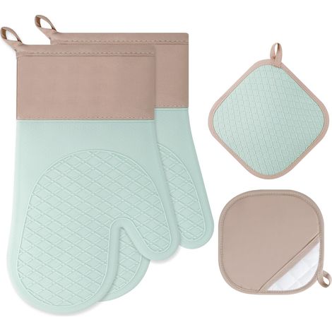 Lot de 4 Gants de Cuisine, 1 Paire Gants de Cuisine avec 2 Maniques Cuisine, Antidérapants Silicone Gant Cuisine Anti Chaleur pour BBQ, Cuisson au Four, Cheminée - Vert Clair (1/5)