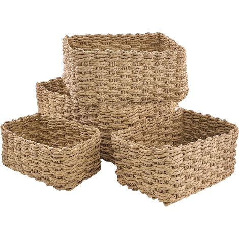 Juego de 4 cestas de mimbre amarillas hechas de papel orgánico, para guardar juguetes, cosméticos, cables, pañales y decoración del hogar. (1/5)