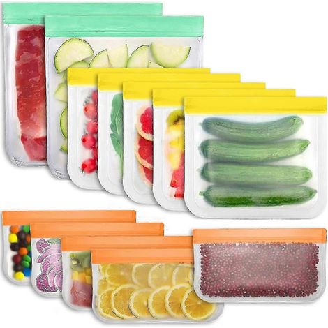 Sacs de conservation réutilisables - Lot de 12 sacs de congélation sans BPA - Sacs à lunch étanches pour enfants - Sacs en silicone extra épais pour fruits, préparation de viande, voyages (1/5)