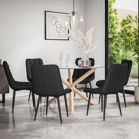 Malvern Round Dining Table And Chairs - Clear Glass Table Top w Solid Oak Legs + Nova Faux Leather Dining Chair Set Of 6 (Black) (1/5)