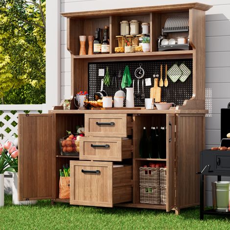 Gartenschrank mit 3 Schubladen, 2 Fächern mit Türen und Lochwand aus Massivholz Naturholz 125 × 50 × 185,1 cm