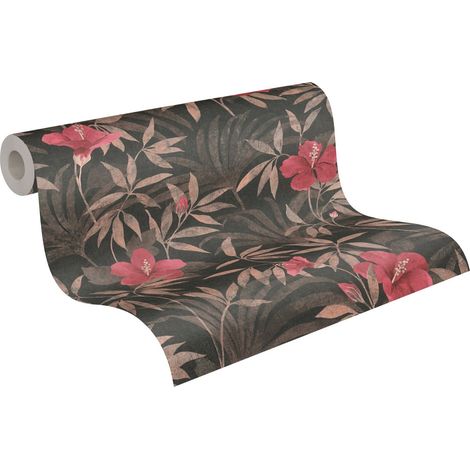 papier peint feuilles et fleurs tropicales brun foncé, beige et rouge - A.S. Création (1/5)