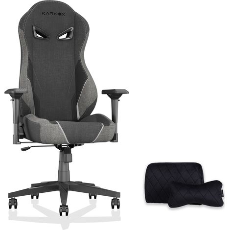 Silla gaming ergonómica de tela gris oscuro con respaldo alto, reposacabezas y soporte lumbar (1/5)