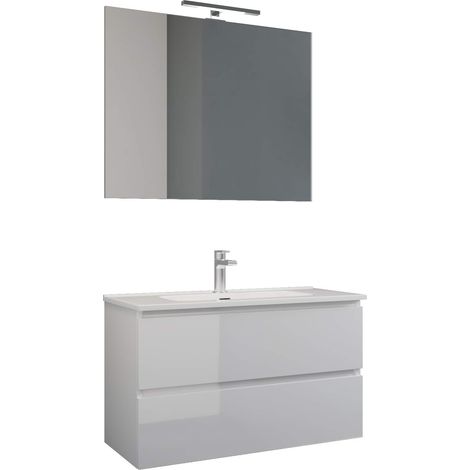 Mama Store ATENA Mobile sospeso con lavabo, specchio e lampada LED Laminato Bianco Lucido Laccato L. 101 X P. 47 X H. 53 cm (1/5)