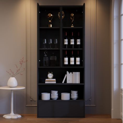 Vitrina alta 80x34x180 cm negra en MDF y vidrio con LED, cajón y compartimentos