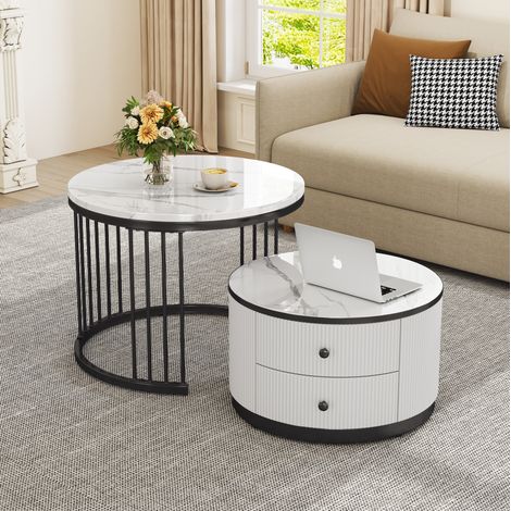 Table basse gigogne 2 pièces ronde, blanche, effet marbre brillant, 2 tiroirs, charge 30 kg, HAVRYA (1/5)