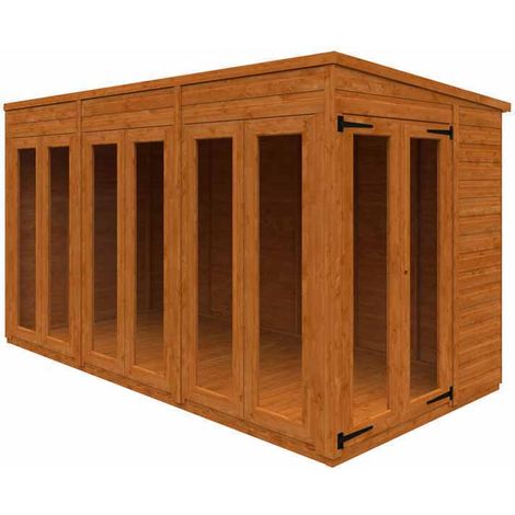 12x6 Flex Pent Full Pane Summerhouse 12mm Flex - L353.8 x W175 x H203 cm - Solid Wood/Softwood/Pine - Burnt Orange