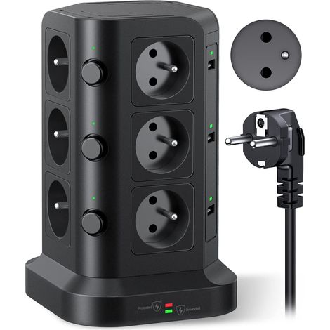 Tour Multiprise Type E, 12 Prises, 6 USB, 2M, Noir 12 Prises Type E, 6 USB, 4000W/16A, 3 Interrupteurs, Parafoudre, Câble 2M (1/5)