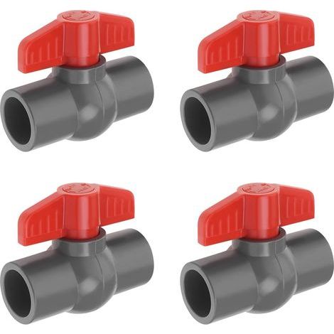 4 Stück PVC-Kugelhahn, PVC-Steckmuffe mit Lochdurchmesser, Absperrventil für Schwimmbäder und Aquarien, Rot/Grau, 25 mm (1/5)