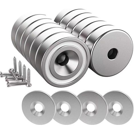 12 pièces Aimants en néodyme 10 KG force 20 x 7 mm avec trou et capsule, aimant en pot fraisé avec vis et 12 coussins en acier (1/5)