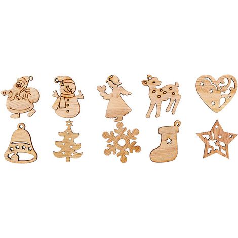 10 Pièces Mini Décorations de Noël en Bois : Père Noël, Bonhomme de Neige, Renne et Flocons pour Sapin