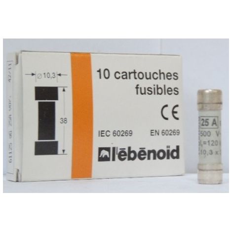 Fusible 25A cartouche 10X38mm gG usage industriel (boite de 10) HPC 120kA 500V avec voyant EBENOID 061125