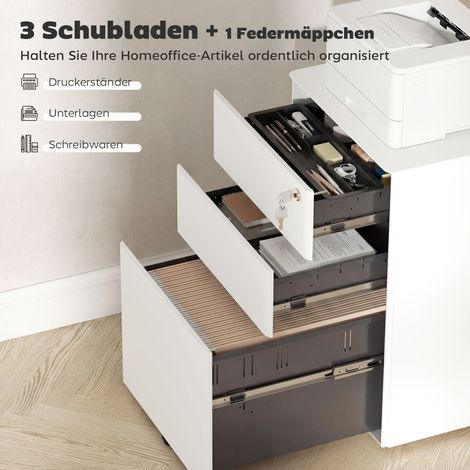 Classeur mobile Vinsetto 3 tiroirs, meuble de rangement sur roues, armoire de bureau sécurisée avec système de classement suspendu et porte-stylo, rangement professionnel pour bureau ou télétravail, 3