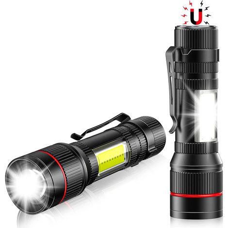 Pieces Small LED Torch, Magnet & COB, 2000 Lumens USB Rechargeable Mini Flashlights with Steel Clip, 3 Modes, Portable and IPX5 Waterproof for Camping, Hiking and Repairs (1/5)