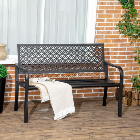 CHICFURN Panca da giardino 2 posti 127 x 63 x 83 cm in acciaio nero con schienale e braccioli (1/5)