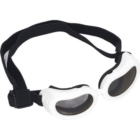 Lunettes de protection pour chiens avec protection UV, bretelles réglables, coupe-vent, monture souple, blanches. (1/5)