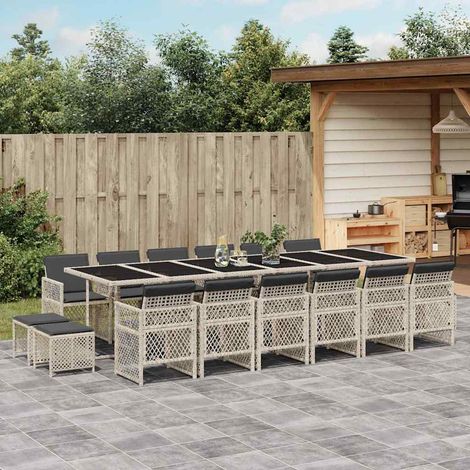 17-tlg. Garten-Essgruppe mit Kissen Hellgrau Poly Rattan