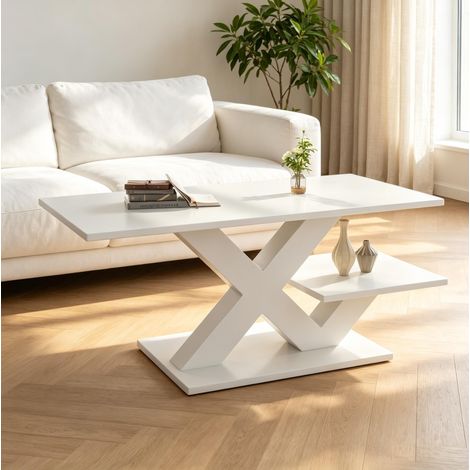 DESMIU Table basse rectangulaire avec 2 plateaux et 2 niches, style moderne pour salon, en MDF, blanc, 100 × 48 × 45 cm (1/5)