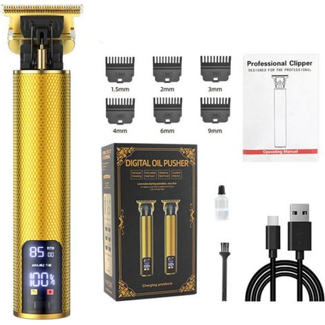 Tondeuse cheveux et barbe rechargeable - Tête en T, 6 sabots, Doré, USB-C, écran LCD
