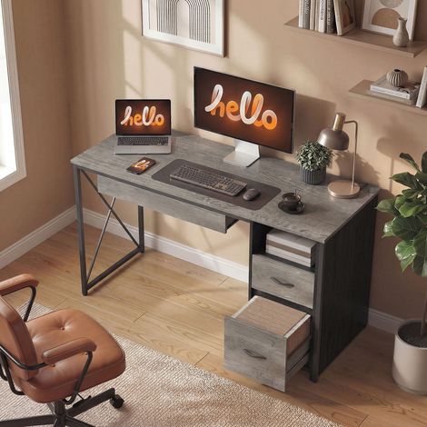 Bureau d'ordinateur compartiment ouvert et 2 tiroirs 120× plateau clavier gris bureau avec rangement 50cm style élégant