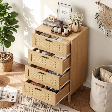 Buffet de rangement, Commode à 4 tirtors, Meuble de Rangement, Armoire Tiroirs en Rotin, Buffet pour Salon, Chambre, Salle à Manger, couleur chêne (1/5)
