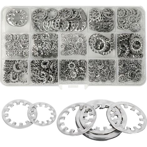 Lot de 550 rondelles de blocage dentelées à dents intérieures et externes M3 M4 M5 M6 M8 M10 M12 en acier inoxydable avec boîte de rangement rondelles de serrage pour fixation des vis (1/5)