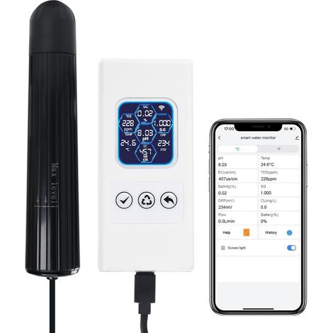 Moniteur de qualité de l'eau WiFi sans fil 7 en 1 – pH/ORP/TDS/EC/salinité/SG/Temp, alertes en temps réel, affichage couleur ATC pour aquarium, eau douce et eau salée (1/5)