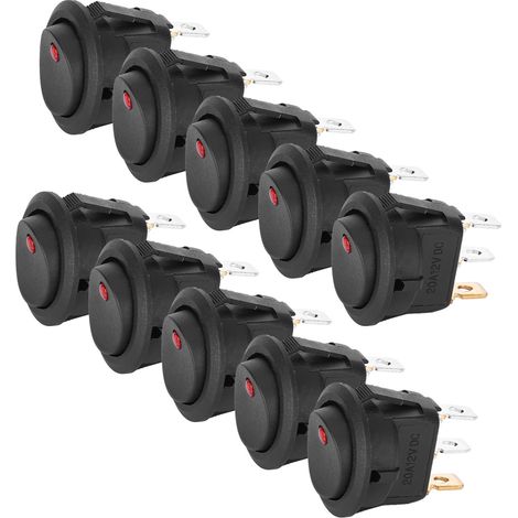 10 interrupteurs à bascule ronds ON/OFF 12V étanches SPST avec projecteur LED, borne argentée, 3 broches (1/5)