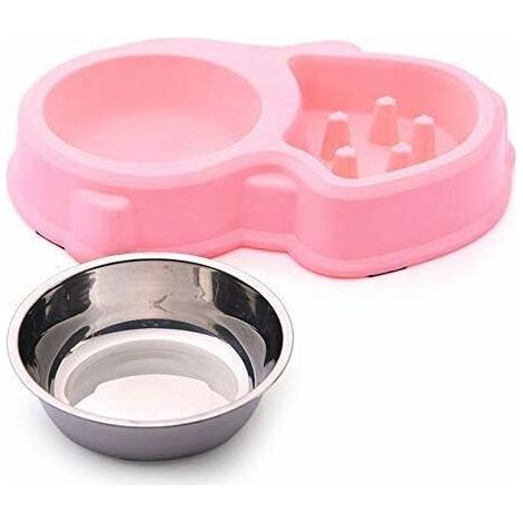 Gamelle Double de Ecuelle Eau et Nourriture 1 Bols en INOX et 1 Gamelle Anti Glouton pour Chat et Petit Chien(Rose) (1/5)