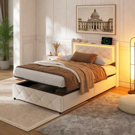 Polsterbett 90x200 cm, Einzelbett, sehr großer Stauraum, gepolstertes Kopfteil, mit USB-/Type-C-Anschluss