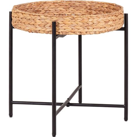 MAUREEN - Table d'appoint Plateau en Jacinthe Tressée Amovible Pieds en Métal Laqué Noir (1/5)
