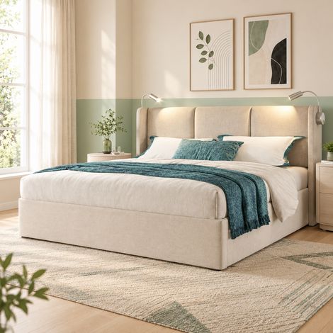 Lit coffre 160x200 avec sommier, led lit double avec usb et espace de rangement, capitonné cadre lits à lattes pour 2 personnes, beige lin (1/5)