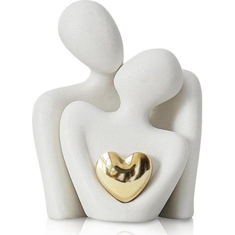 1 Statue de Couple en Céramique avec Cœur Doré, Décoration Intérieure Élégante pour Mariage (1/5)