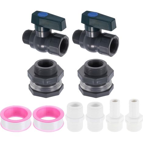 2 Ensemble Pluie Baril Robinet Kit Plastique Gris  avec 3/4" GHT Cloison Raccord, Tuyau arrosage Adaptateur Pagode Connecteur, et Filetage Joint Ruban, Pluie Baril Robinet (1/5)