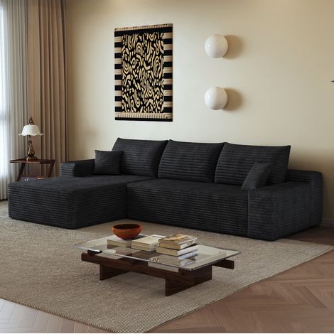 Sofa 270x175x83 cm, hochelastischer Schaumstoff, gerippter Cordstoff, schwarz (1/5)