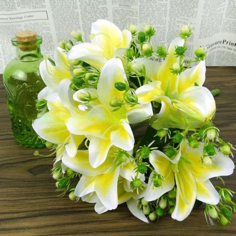 Bouquet de lys en soie - Lot de 2 fleurs artificielles de 33 cm de haut avec 9 têtes - Décoration de vacances - Arrangement floral - Sans vase (1/5)