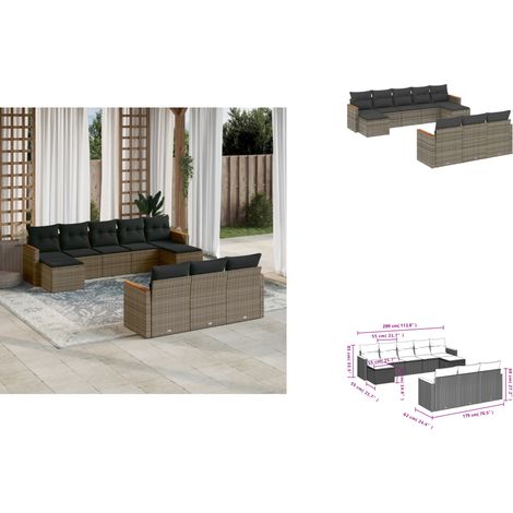Salon de jardin avec coussins 10 pcs gris résine tressée - Salon De Jardin - Meuble De Jardin - Canapé Extérieur - Ensemble Salon - Rattan Imitation (1/3)