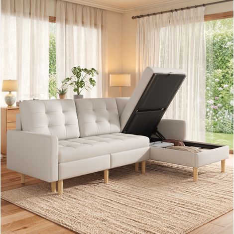 Ecksofa mit Stauraum, wechselbare Chaiselongue 212 x 130 x 86 cm, beige OKMYHOME (1/5)