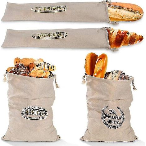 Set mit 4 wiederverwendbaren, strapazierfähigen, leichten, waschbaren und einfach zu verstauenden Brot- und Gemüsebeuteln aus Baumwolle.
