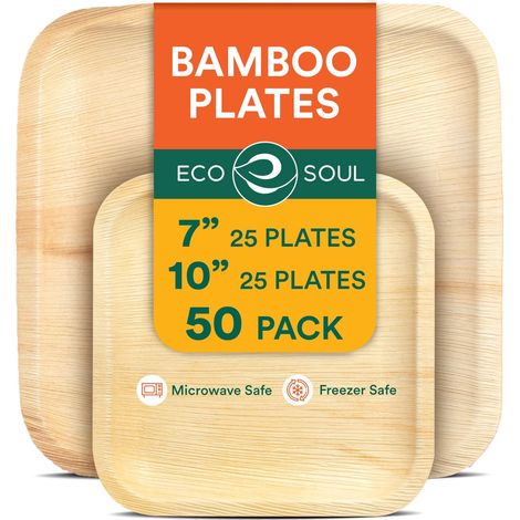 Lot de 50 assiettes carrées en bambou de 17,8 et 25,4 cm en forme de feuille de palmier, ensemble de vaisselle jetables en vrac, compostables et biodégradables, pour restauration, mariage (1/5)