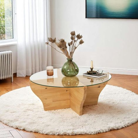 Table basse en verre et bois clair - pied en X, ANZIO (1/5)