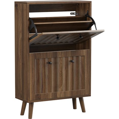 Meuble à chaussures 60 cm style Mid-Century en noyer avec rangement vertical et surface rainurée (1/5)