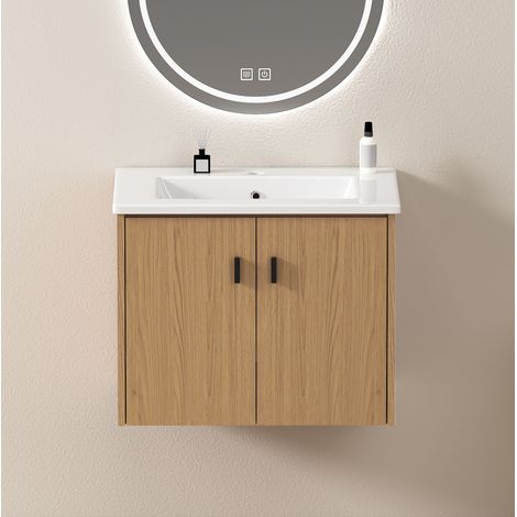 Meuble vasque de salle de bain 60 cm chêne clair avec double porte à fermeture douce (1/5)