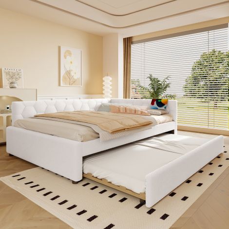 Lit adulte 140x200 cm avec lit gigogne 89,5x188 cm, lampe de chevet, port USB Type-C, en velours, sommier à lattes, sans matelas, blanc (1/5)